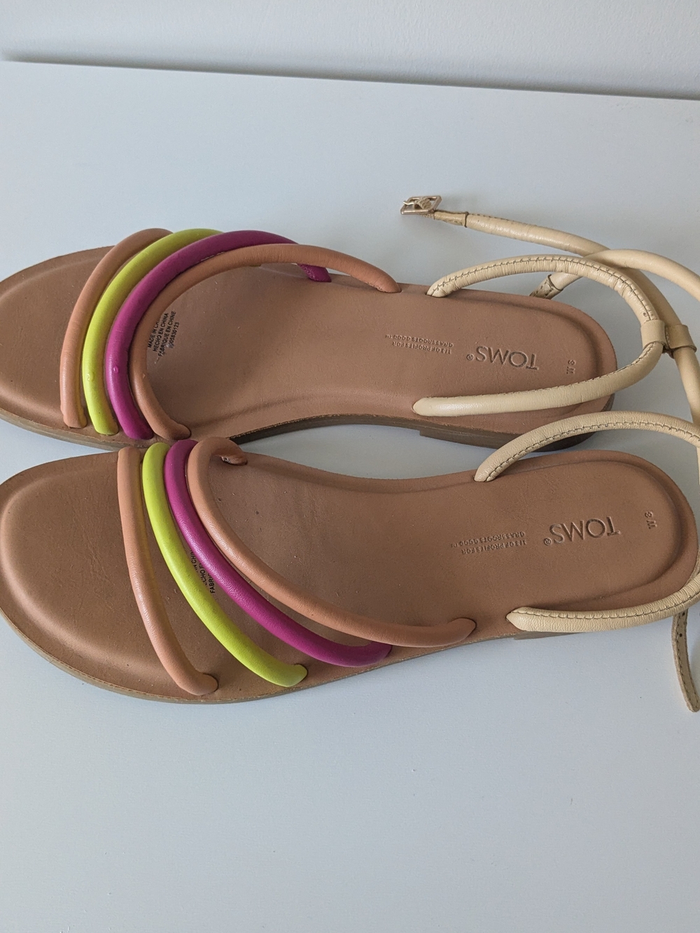 TOMS Leather Neutral Sandals with Pink and Lime Accent Straps